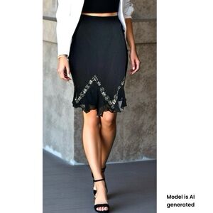 NWT $128 BIANCA NYGARD 100% Silk Beaded Skirt Black Tulip Ruffle Hem Sz 4